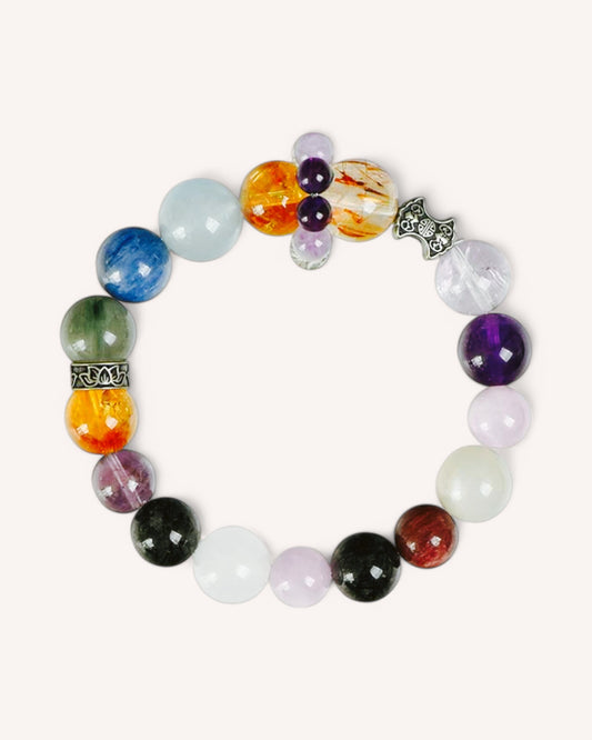 Top view of gemstone healing bracelet featuring chakra-colored stones for spiritual clarity and grounding