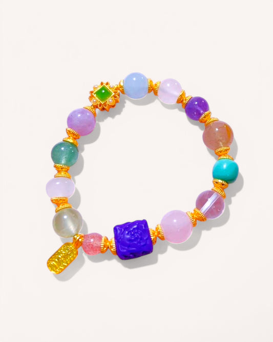 Multi-treasure crystal bracelet featuring Aquamarine, Lavender Amethyst, and White Quartz for energy balance and spiritual clarity
