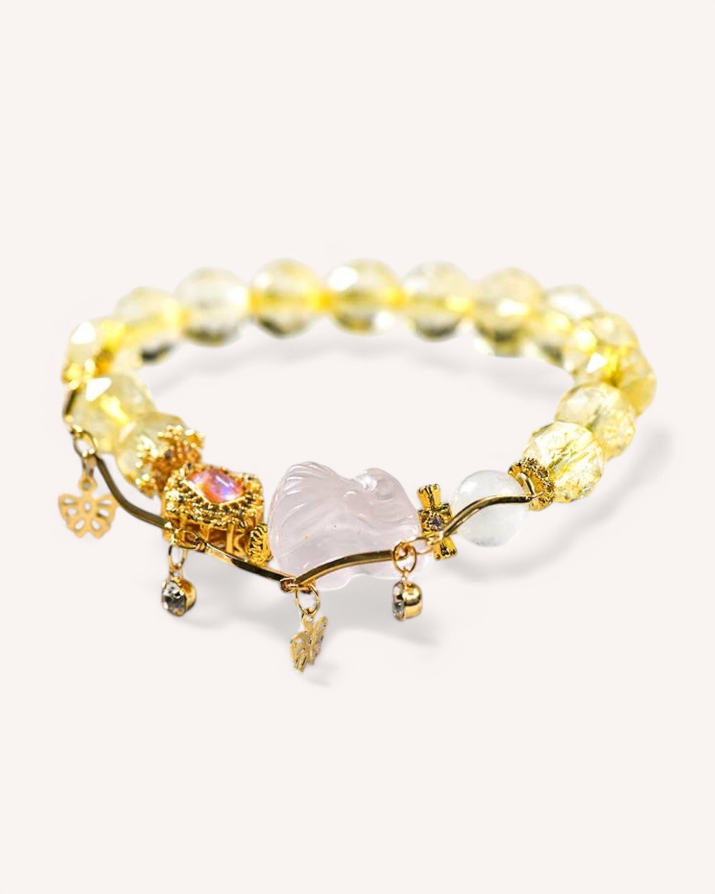 Nine-Tailed Fox Rose Quartz & Citrine Bracelet – A mystical energy bracelet featuring Citrine for prosperity and a Rose Quartz Nine-Tailed Fox charm, symbolizing love, attraction, and deep emotional connections.