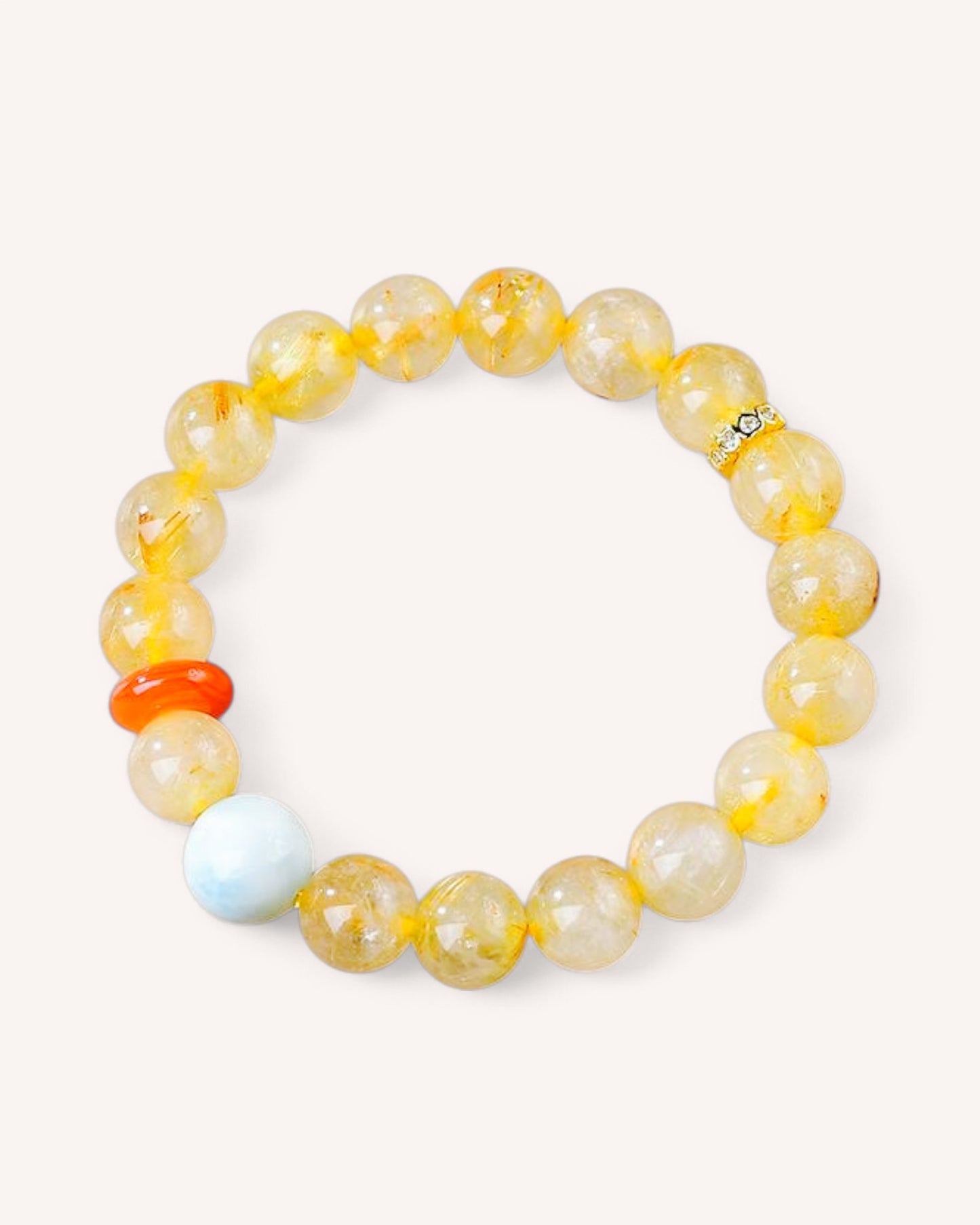 Rutilated Quartz, South Red Agate, and Larimar healing bracelet for attracting wealth, clarity, and inner peace – front view.