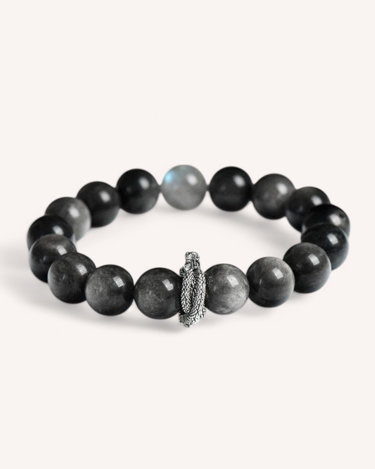 Front view of Silver Sheen Obsidian and Gray Moonstone bracelet for protection and intuition