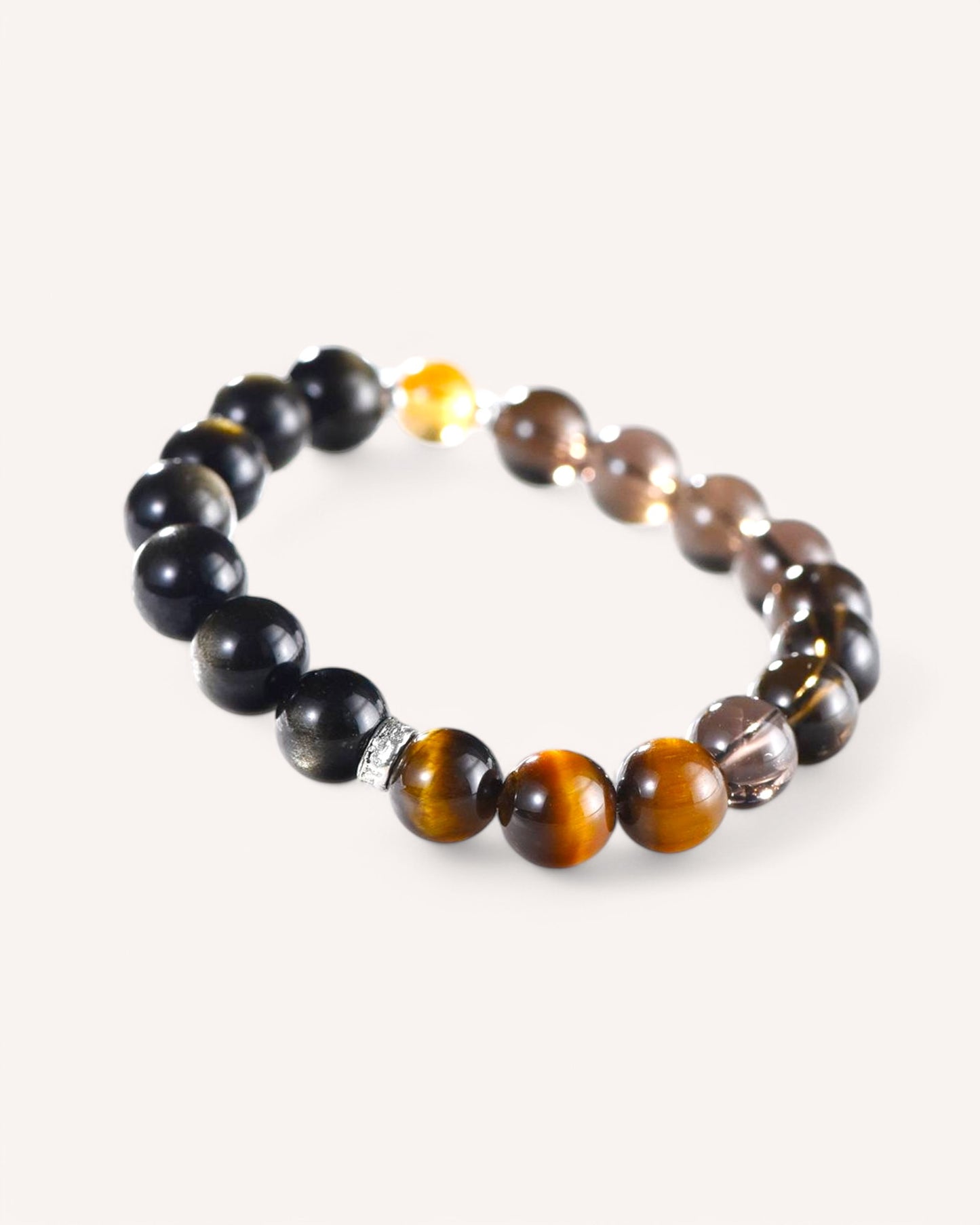 Close-up of protective bracelet featuring Tiger’s Eye and Smoky Quartz for clarity and focus