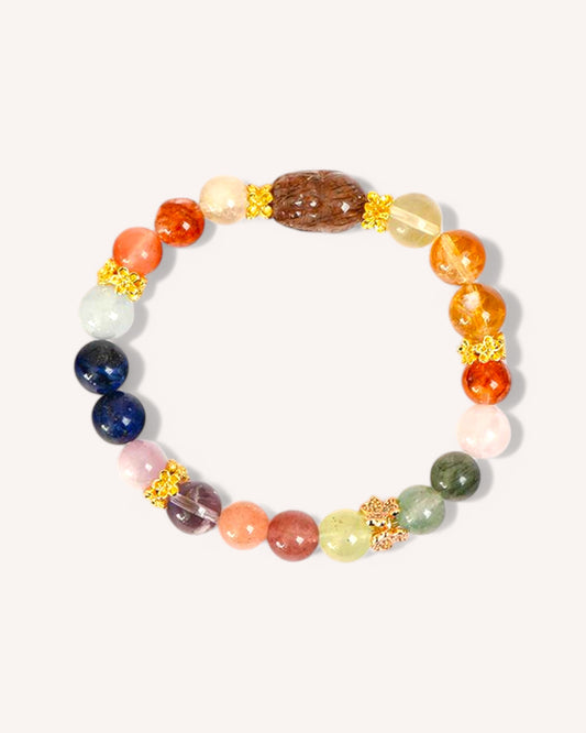 Rainbow crystal bracelet with Pixiu charm and natural gemstones for prosperity, luck, and emotional harmony