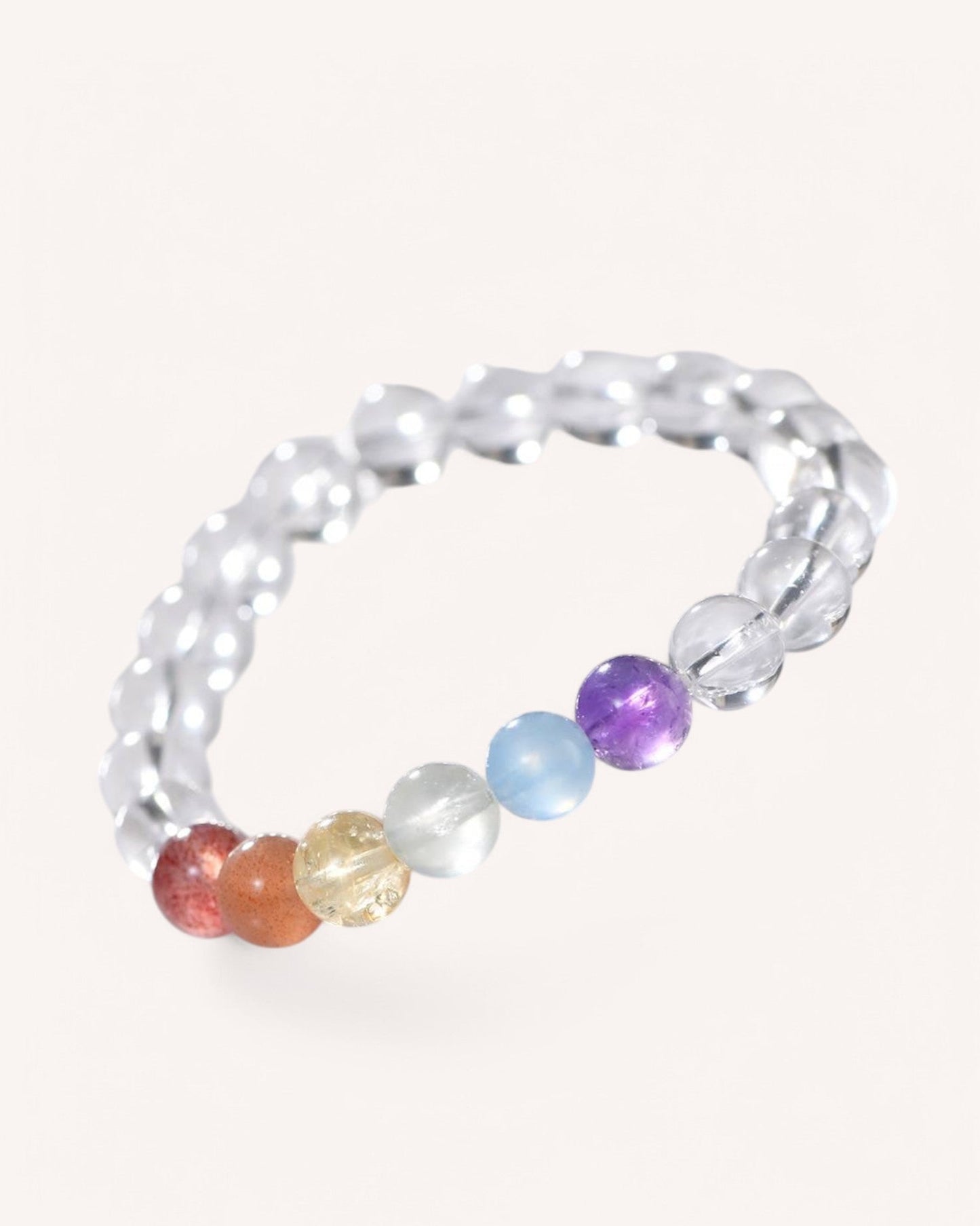 Elegant Chakra Healing White Quartz Bracelet with vibrant rainbow crystals for chakra alignment, emotional balance, and personal transformation. A perfect spiritual accessory for daily wear.