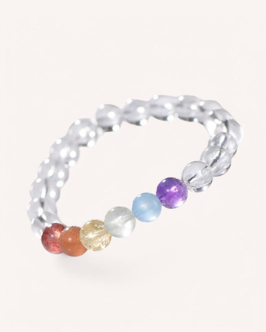 Elegant Chakra Healing White Quartz Bracelet with vibrant rainbow crystals for chakra alignment, emotional balance, and personal transformation. A perfect spiritual accessory for daily wear.