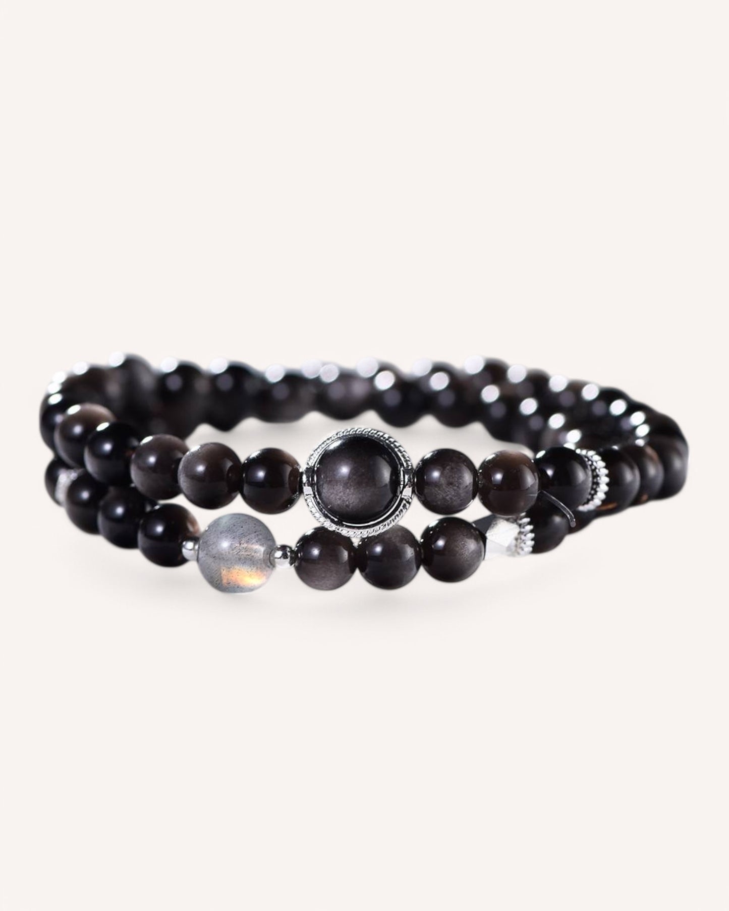 Side view of dual-layer Silver Sheen Obsidian and Gray Moonstone bracelet designed for energy protection and intuitive clarity