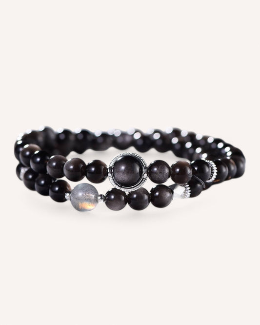 Side view of dual-layer Silver Sheen Obsidian and Gray Moonstone bracelet designed for energy protection and intuitive clarity