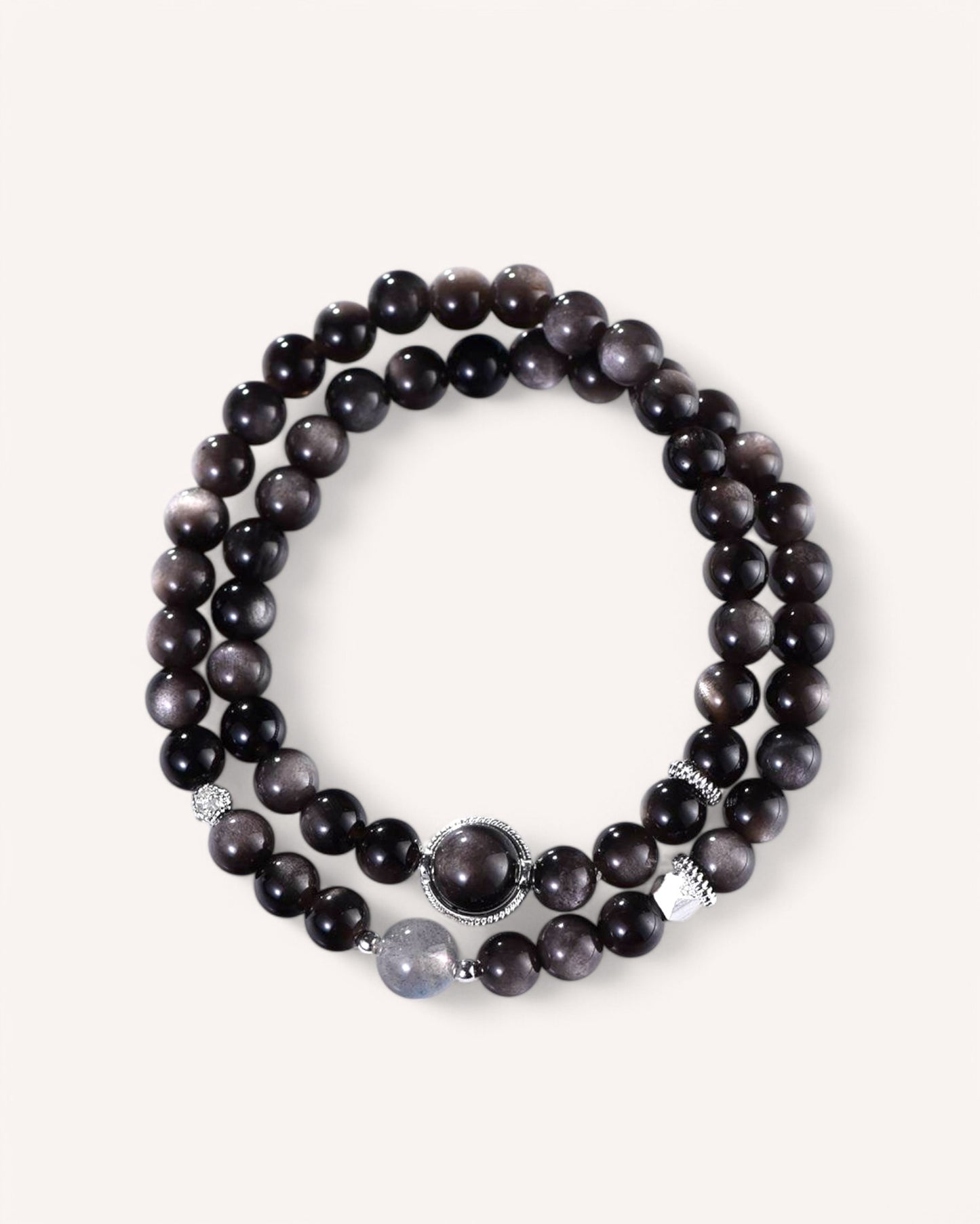 Dual-layer healing bracelet made of Silver Sheen Obsidian and Gray Moonstone for protection, intuition, and emotional balance