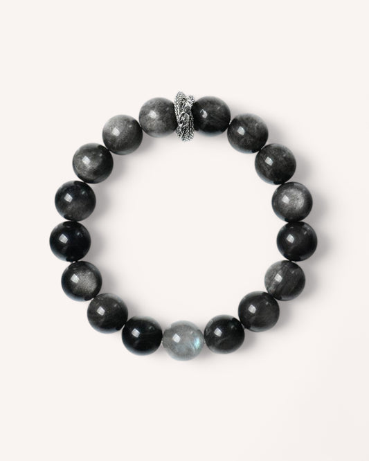 Top view of spiritual protection bracelet made with Silver Sheen Obsidian and Gray Moonstone