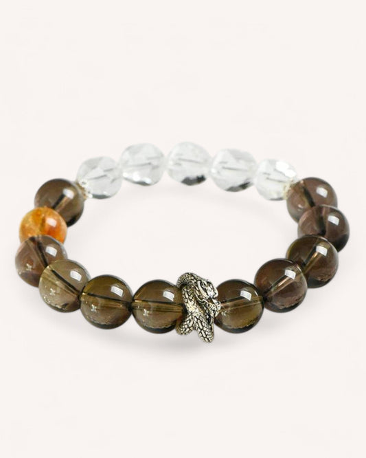 Side angle of crystal healing bracelet featuring Smoky Quartz, Citrine, and White Quartz for emotional balance, wealth attraction, and inner strength.