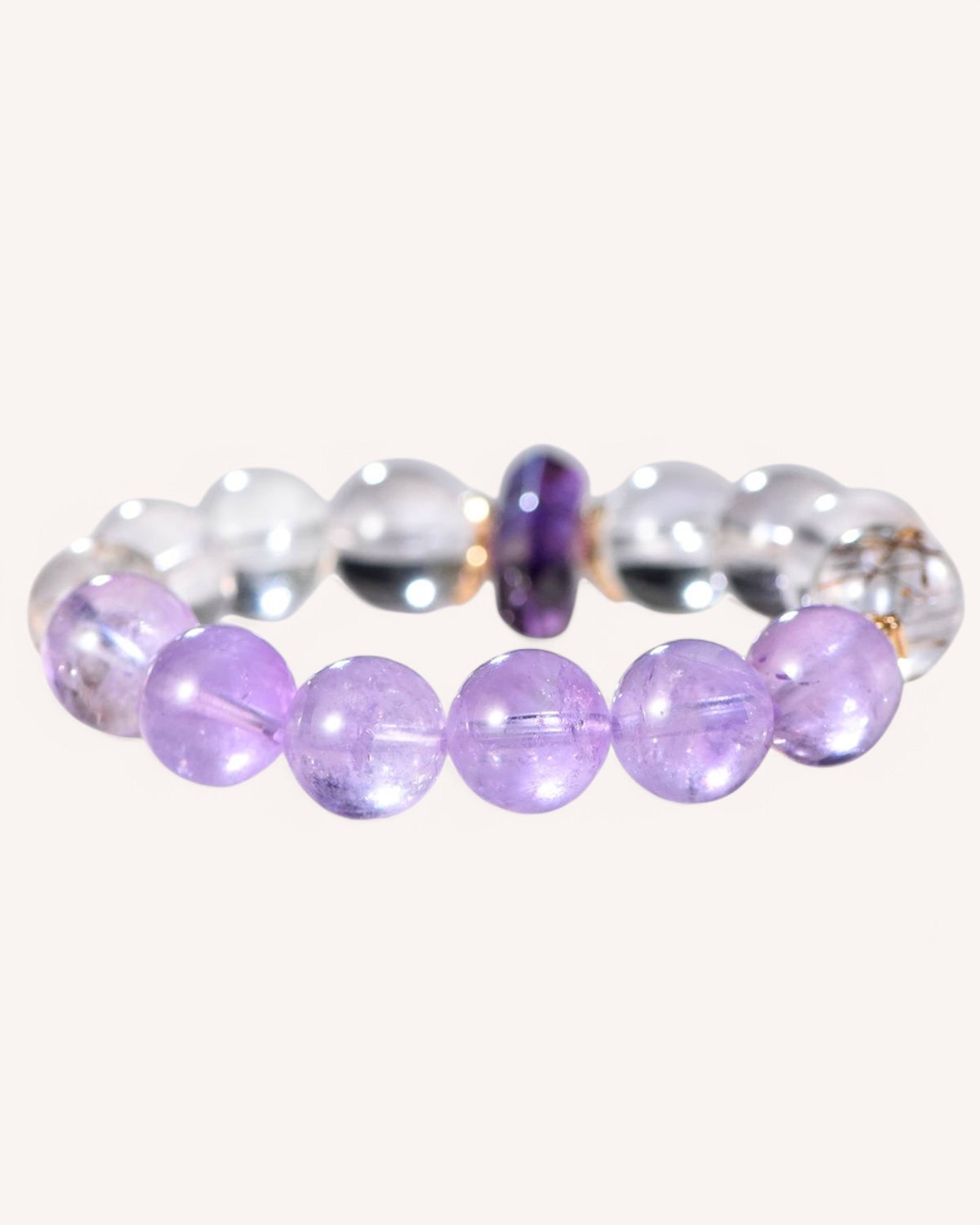 Top view of the Amethyst & White Quartz Bracelet, designed for emotional healing, spiritual awareness, and personal breakthroughs