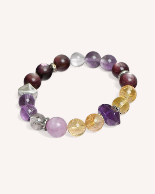 Side angle of healing crystal bracelet with Amethyst, Obsidian, and White Quartz for intuition and transformation.