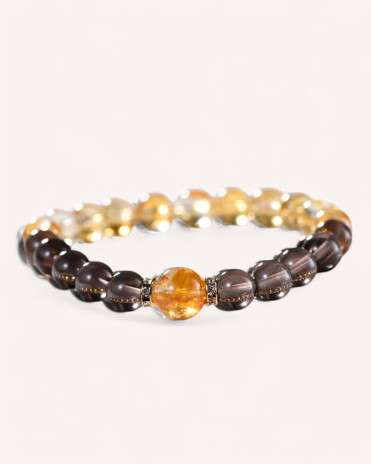 Side view of Yellow Azeztulite and Smoky Quartz bracelet, supporting confidence and success.