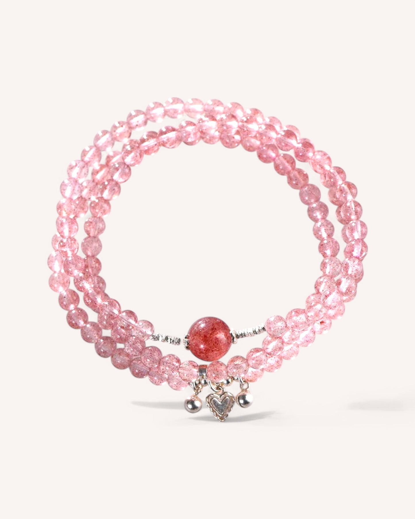Strawberry Quartz multi-layer bracelet with 925 silver charm promoting self-love and emotional healing, front view