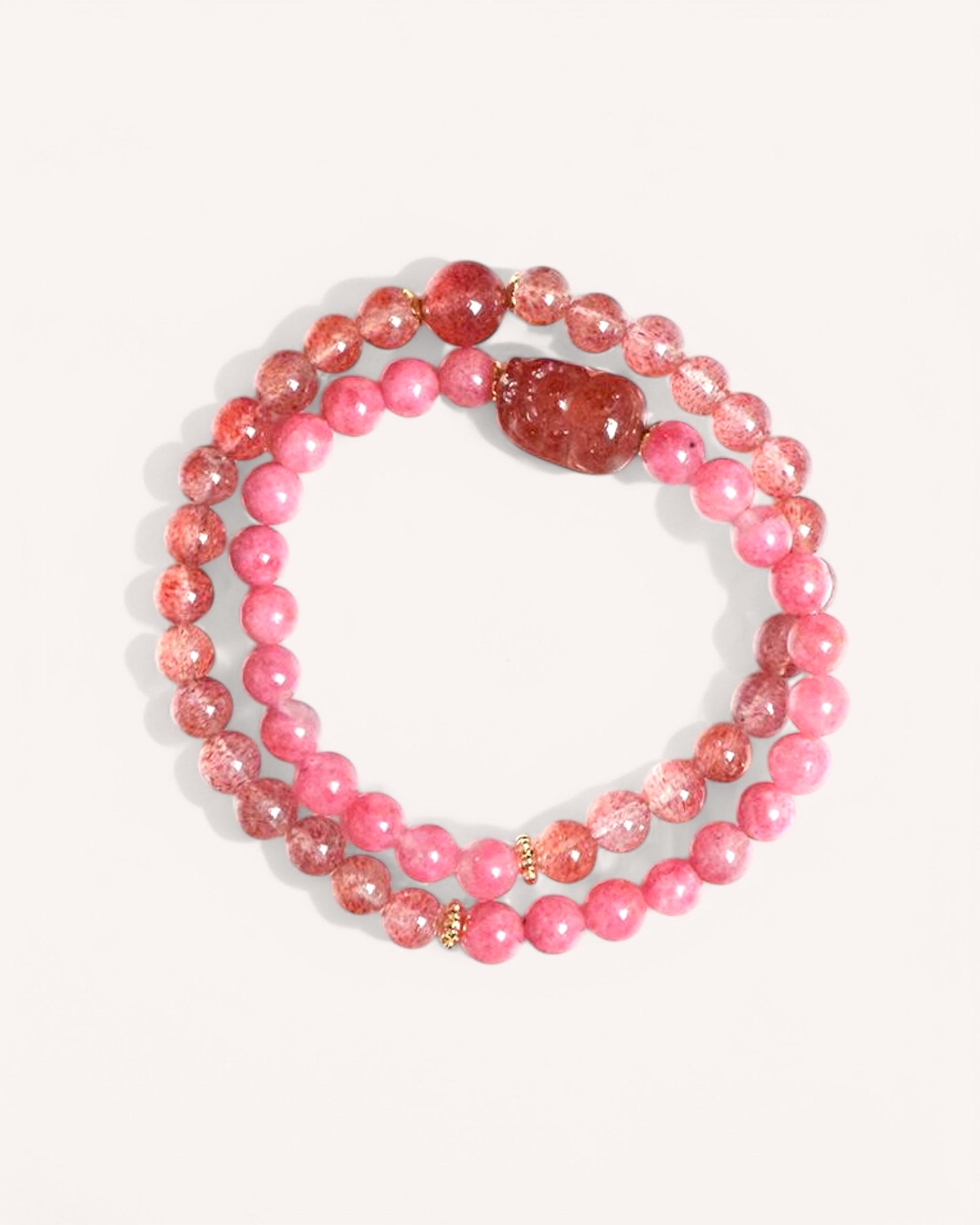 Main view of Strawberry Quartz & Rhodonite multi-layer bracelet promoting love, emotional healing, and inner peace.