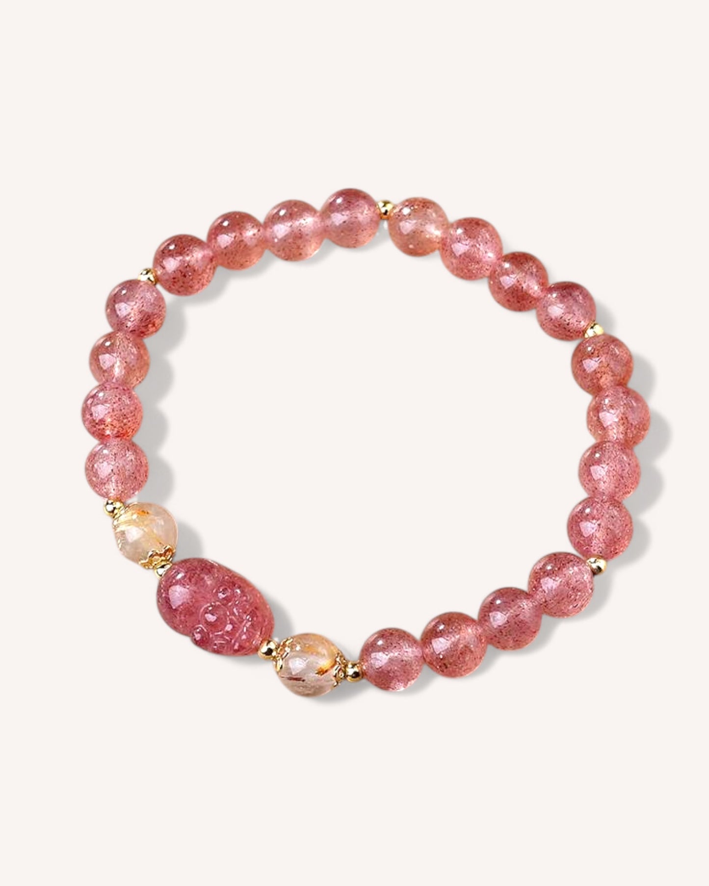 Front view of Strawberry Quartz and Rutilated Quartz healing bracelet for love, energy balance, and emotional clarity.