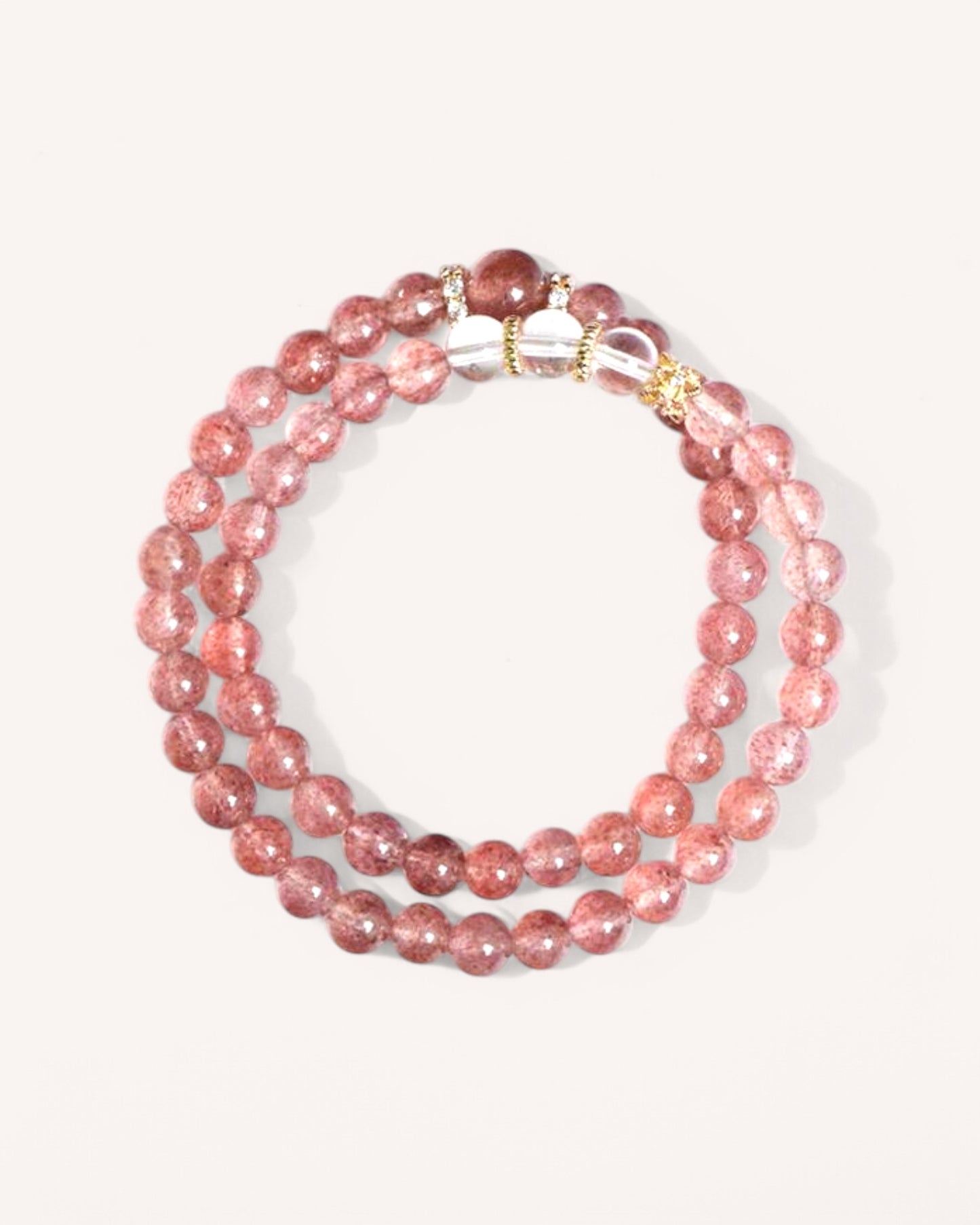 Front view of multi-layer Strawberry Quartz and White Quartz bracelet for love and emotional healing