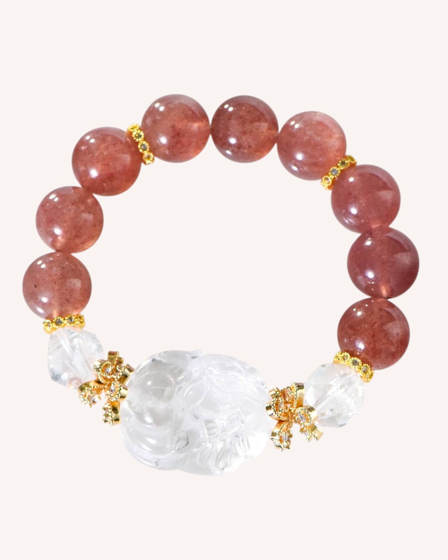 Front view of Strawberry Quartz and White Quartz Nine-Tailed Fox bracelet, promoting love, intuition, and spiritual protection.