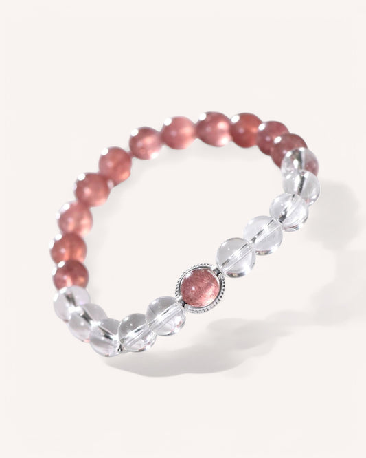 Side angle of natural Strawberry Quartz and White Quartz bracelet to attract love and inner peace