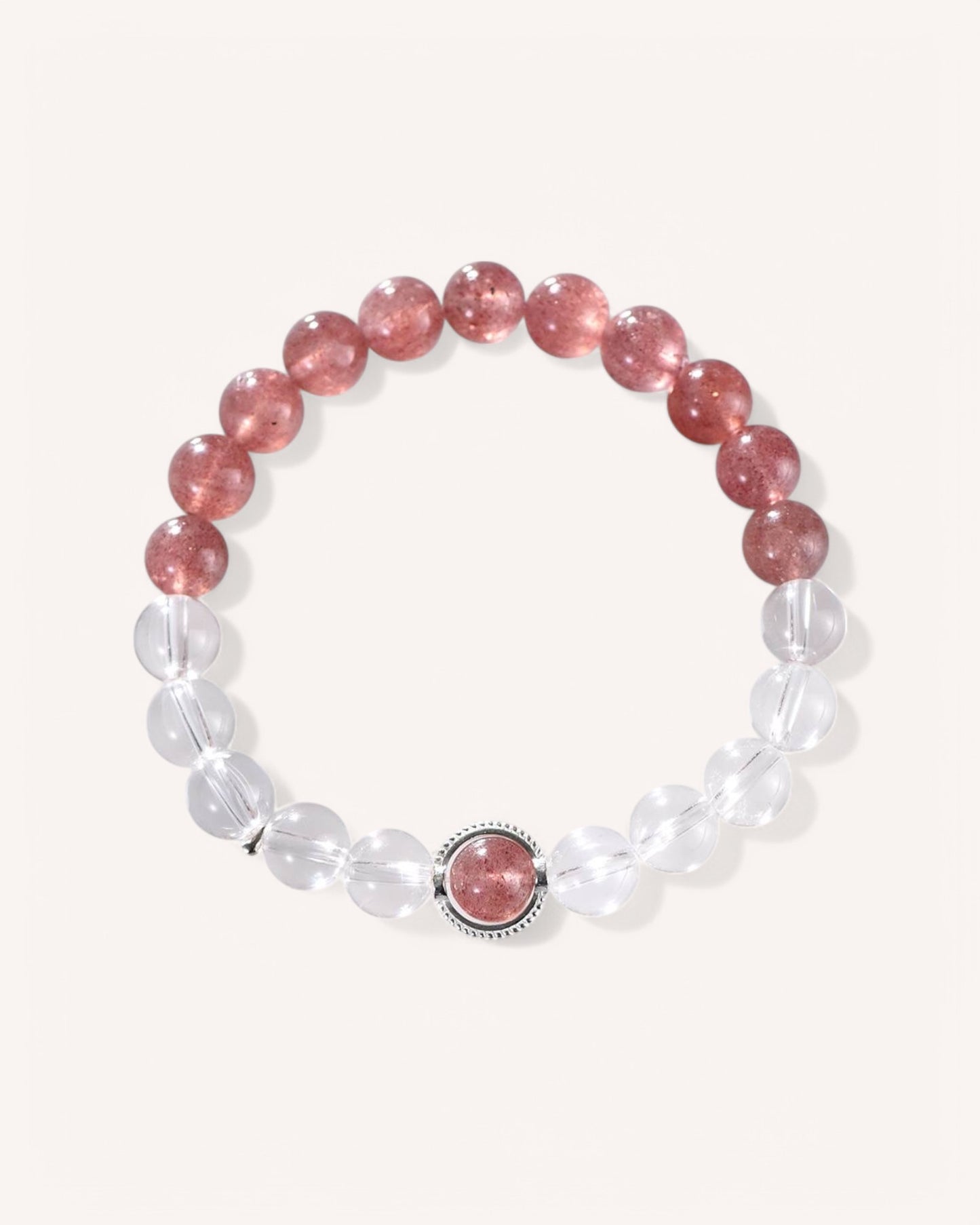 Front view of Strawberry Quartz and White Quartz crystal bracelet for emotional healing and clarity