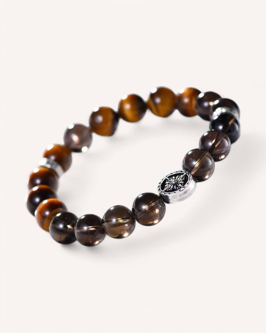 Side view of Tiger’s Eye and Smoky Quartz crystal bracelet designed for strength and mental clarity