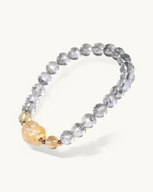 Side angle of Green Phantom Quartz with Pixiu Citrine charm bracelet for abundance, business success, and energy cleansing.