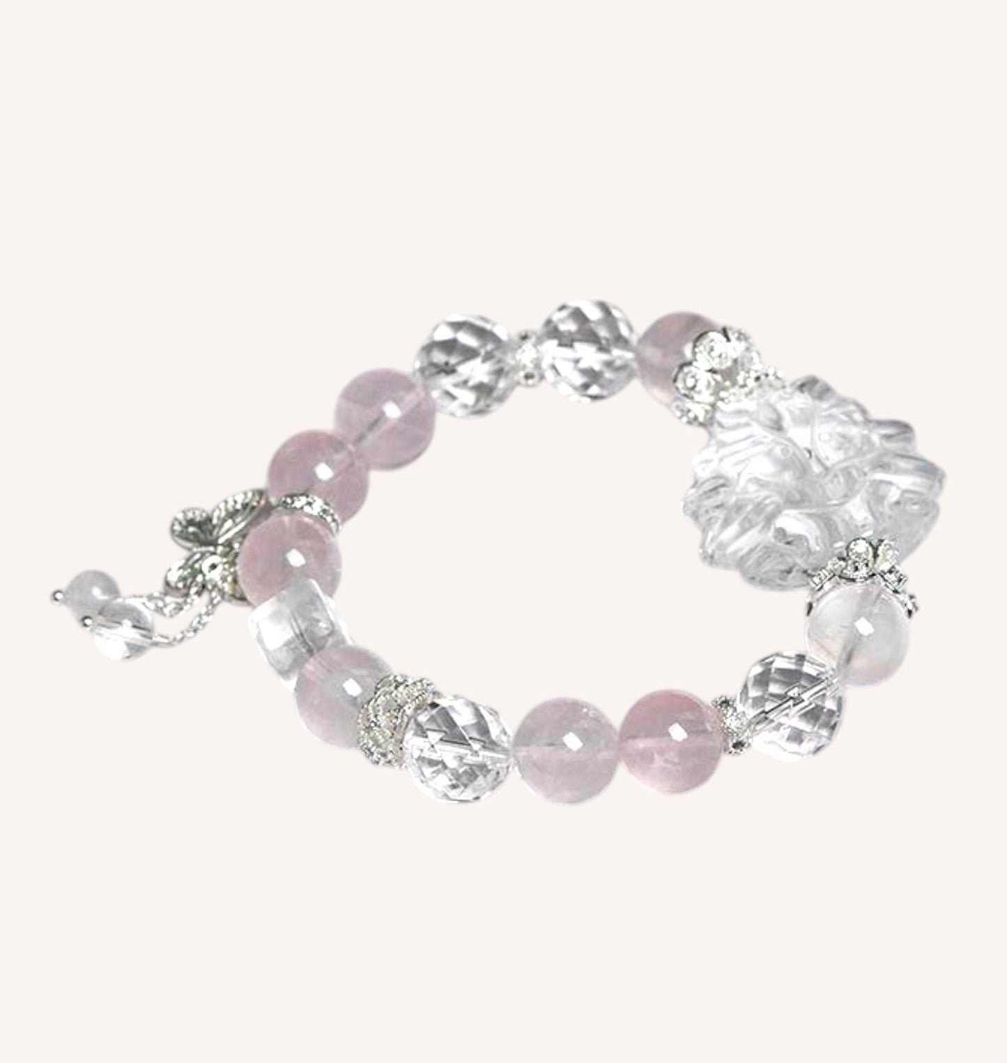 Side view of the White Quartz Nine-Tailed Fox Bracelet, showcasing its high-quality quartz beads and intricate fox charm for energy balance and wisdom