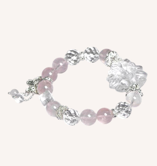 Side view of the White Quartz Nine-Tailed Fox Bracelet, showcasing its high-quality quartz beads and intricate fox charm for energy balance and wisdom