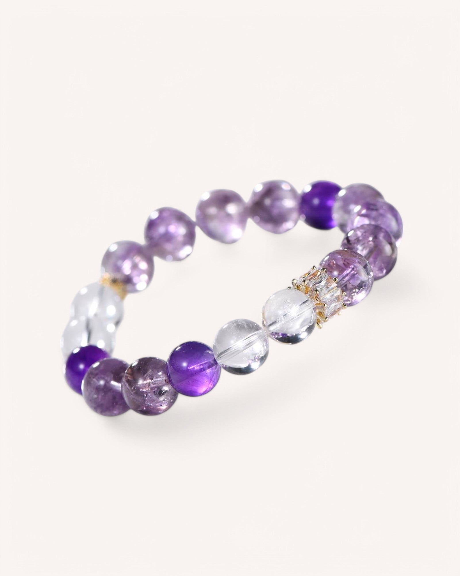 A close-up shot of a natural crystal healing bracelet with Amethyst, White Quartz, and decorative accents, perfect for energy balancing, stress relief, and mindfulness.