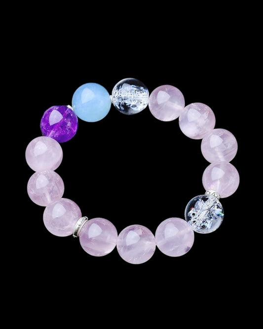 A stunning Rose Quartz, Amethyst & Aquamarine bracelet designed for emotional healing, love, and spiritual balance. Perfect for energy alignment and clarity.
