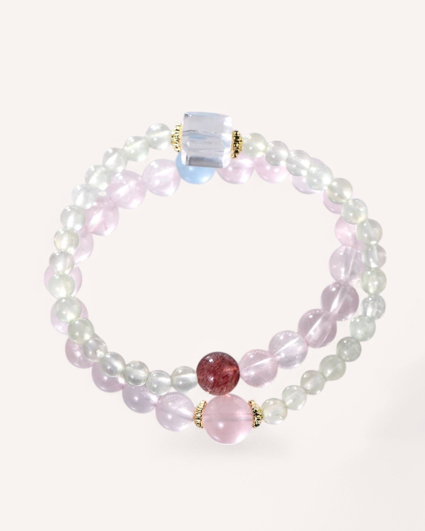 Front view of the Love & Clarity Rose Quartz, White Quartz & Grape Agate Bracelet showcasing its calming pastel colors and double-layer design for emotional healing.