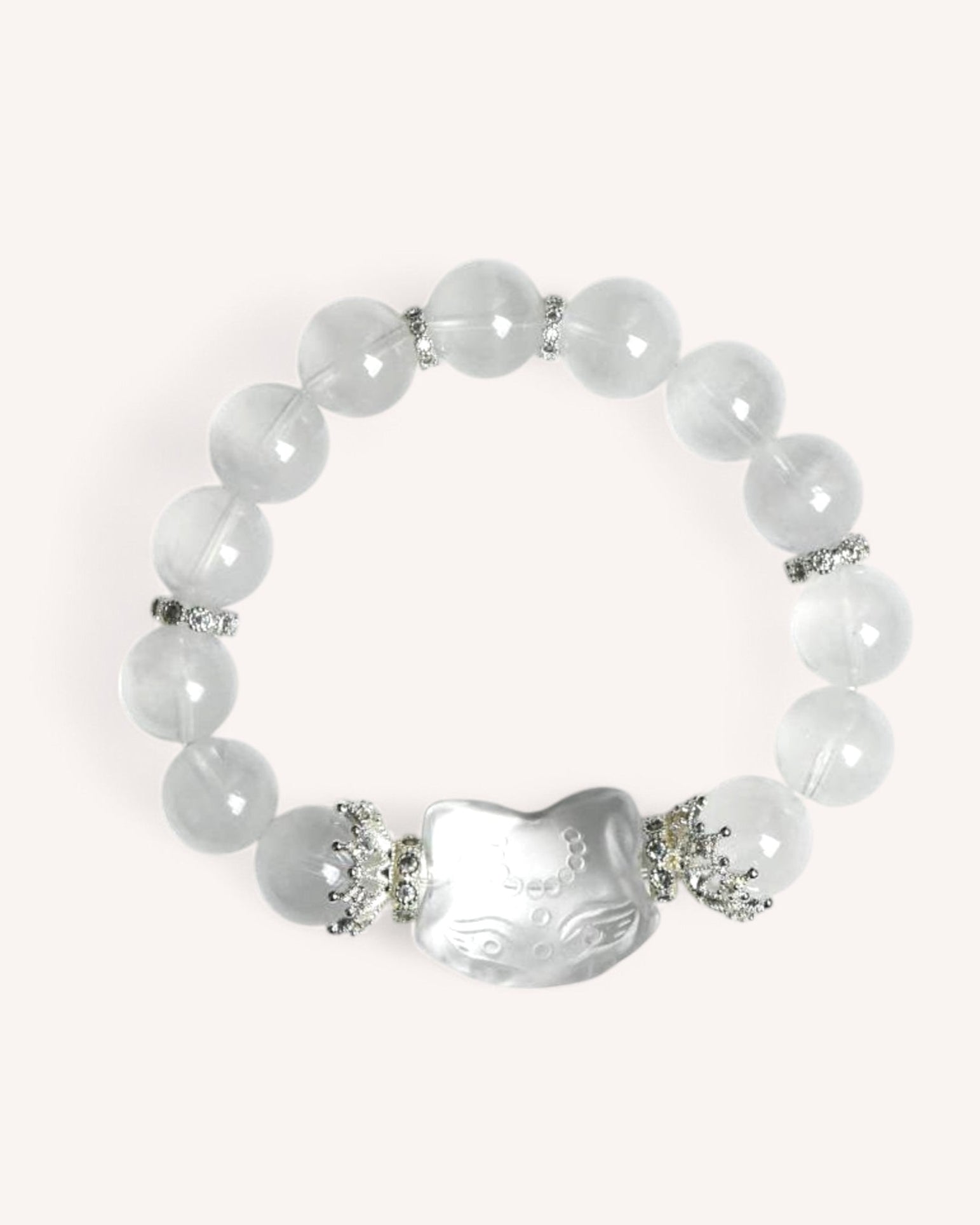 Close-up of a White Phantom Quartz bracelet featuring a sleek, spiritual design for clarity, meditation, and inner balance.