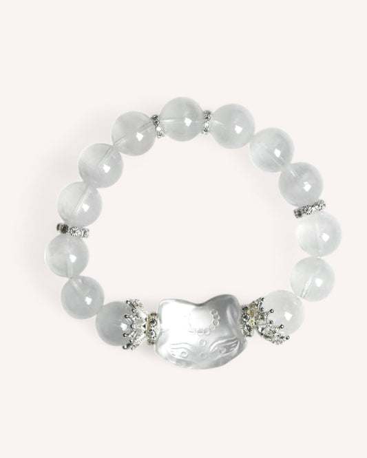 Close-up of a White Phantom Quartz bracelet featuring a sleek, spiritual design for clarity, meditation, and inner balance.