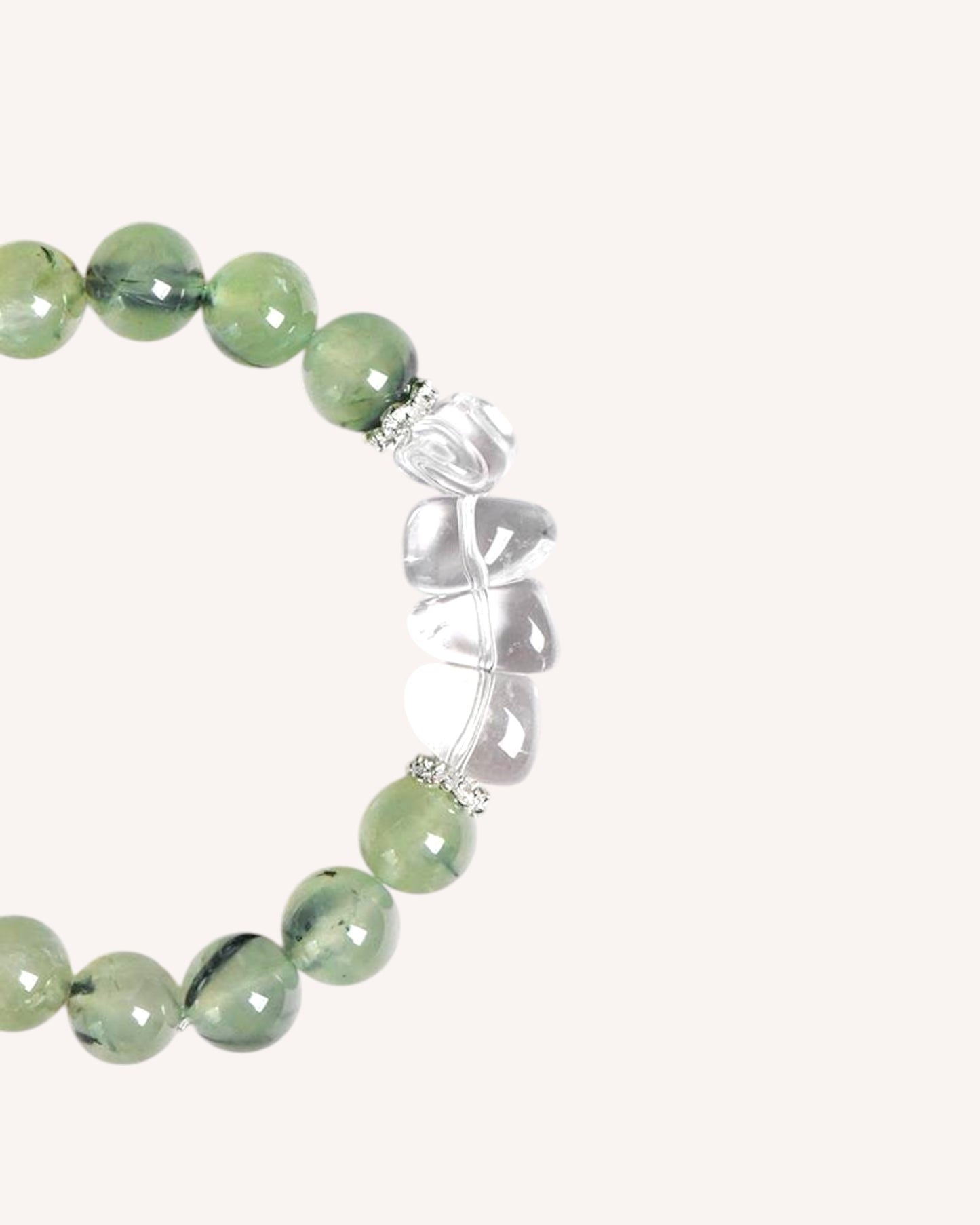 A beautifully crafted Prehnite & White Quartz Bracelet promoting intuition, harmony, and mental clarity. Ideal for those seeking good fortune, wisdom, and inner peace.