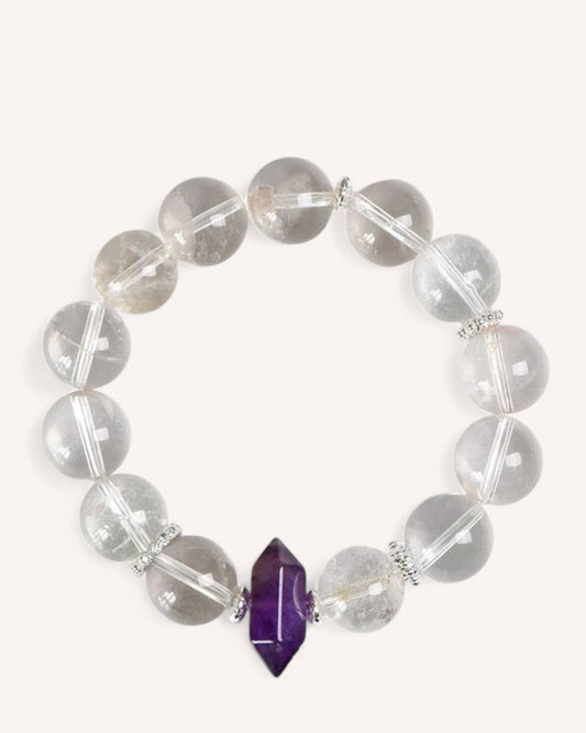 A powerful Amethyst and White Quartz bracelet designed to enhance intuition, energy purification, and spiritual clarity. The faceted amethyst centerpiece promotes wisdom and inner peace.