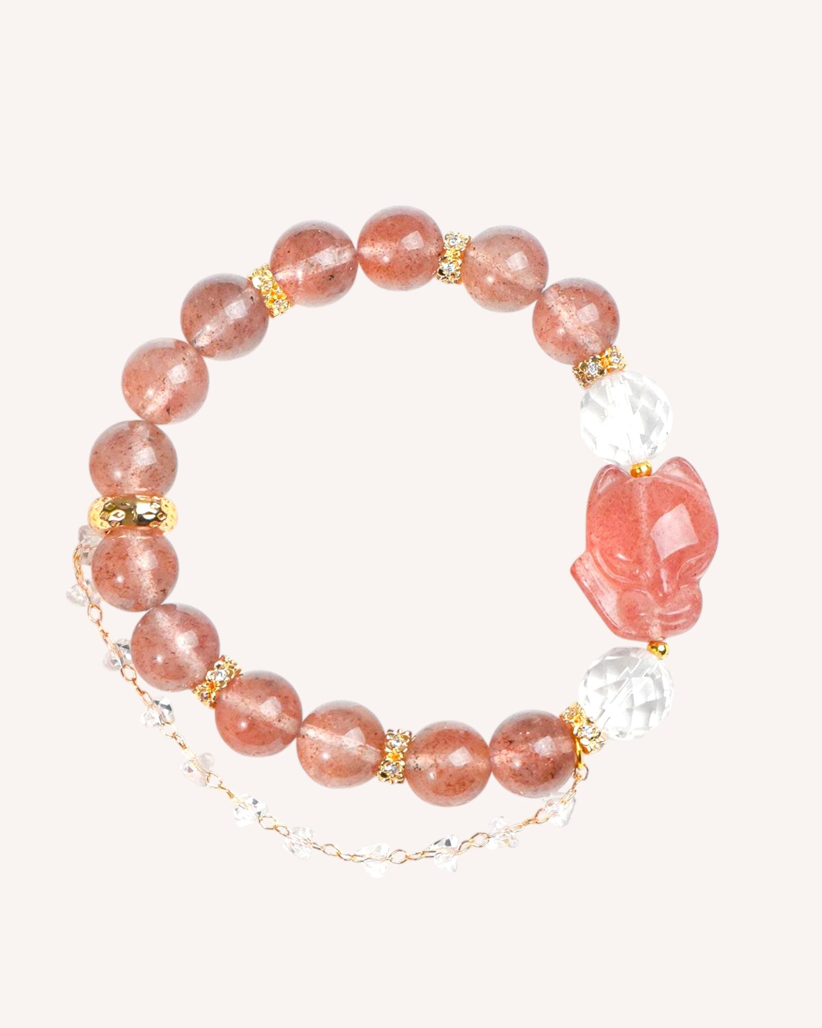 Strawberry Quartz Fox Bracelet for Love, Intuition and Emotional Healing – Featuring carved fox charm with white quartz accents on pink crystal beads.