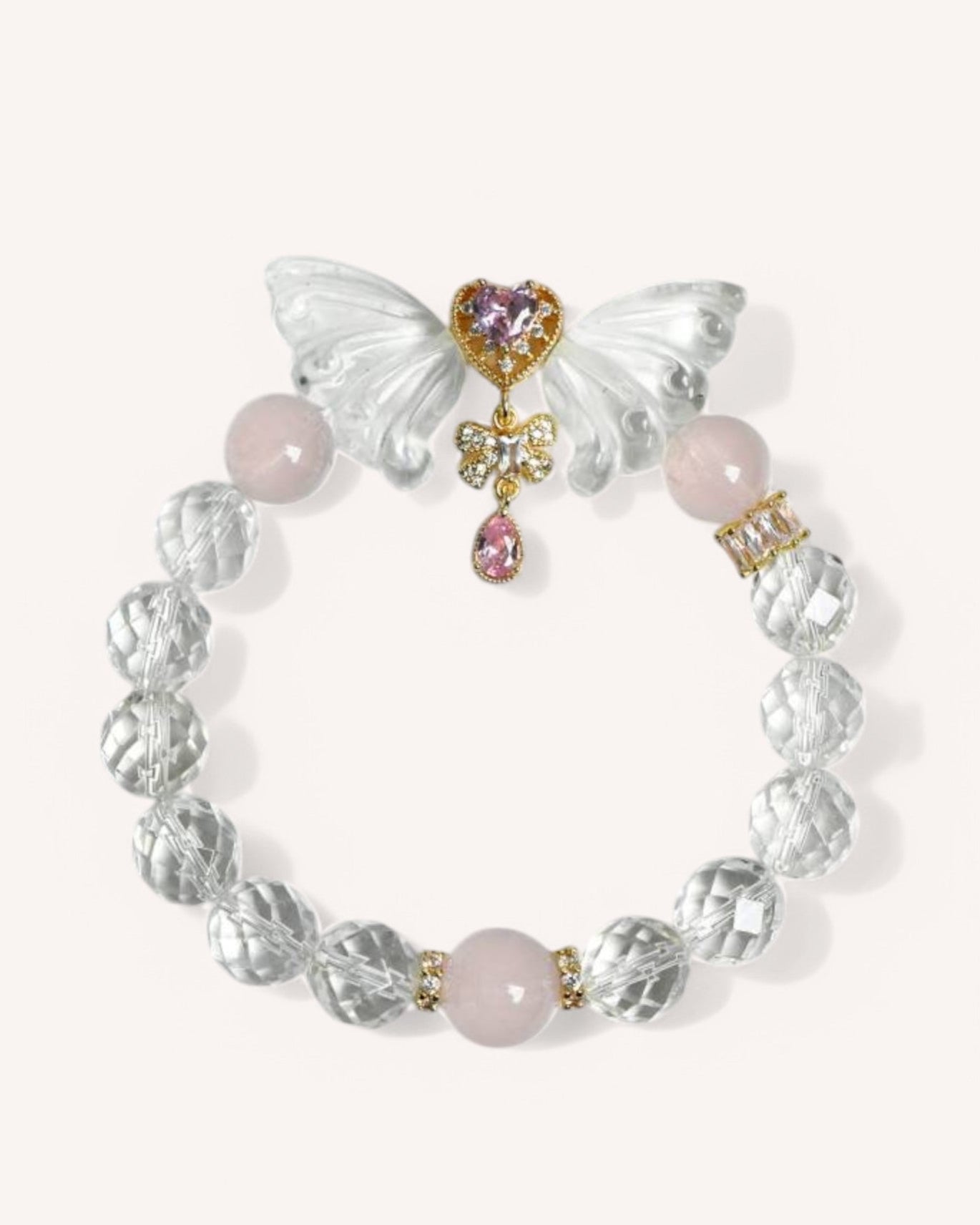Elegant White Quartz and Rose Quartz bracelet with a detailed butterfly charm, enhancing love, self-acceptance, and mental clarity. A beautiful spiritual jewelry piece for daily wear.
