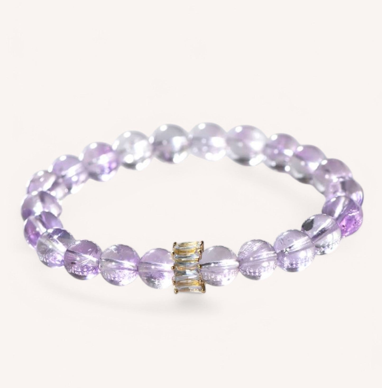 Close-up of Amethyst Clarity Essence Bracelet, featuring faceted amethyst beads and white quartz for mental clarity, focus, and spiritual awareness.
