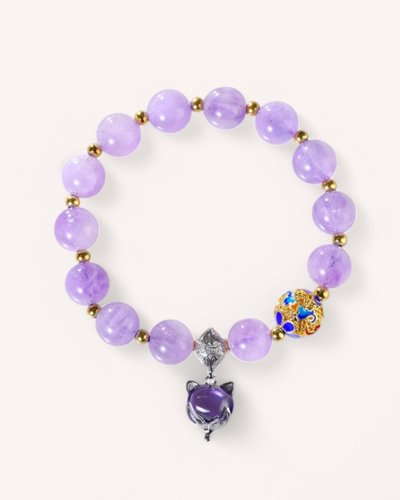 Elegant Lavender Amethyst bracelet with a fox spirit charm, enhancing spiritual awareness, emotional balance, and personal transformation.