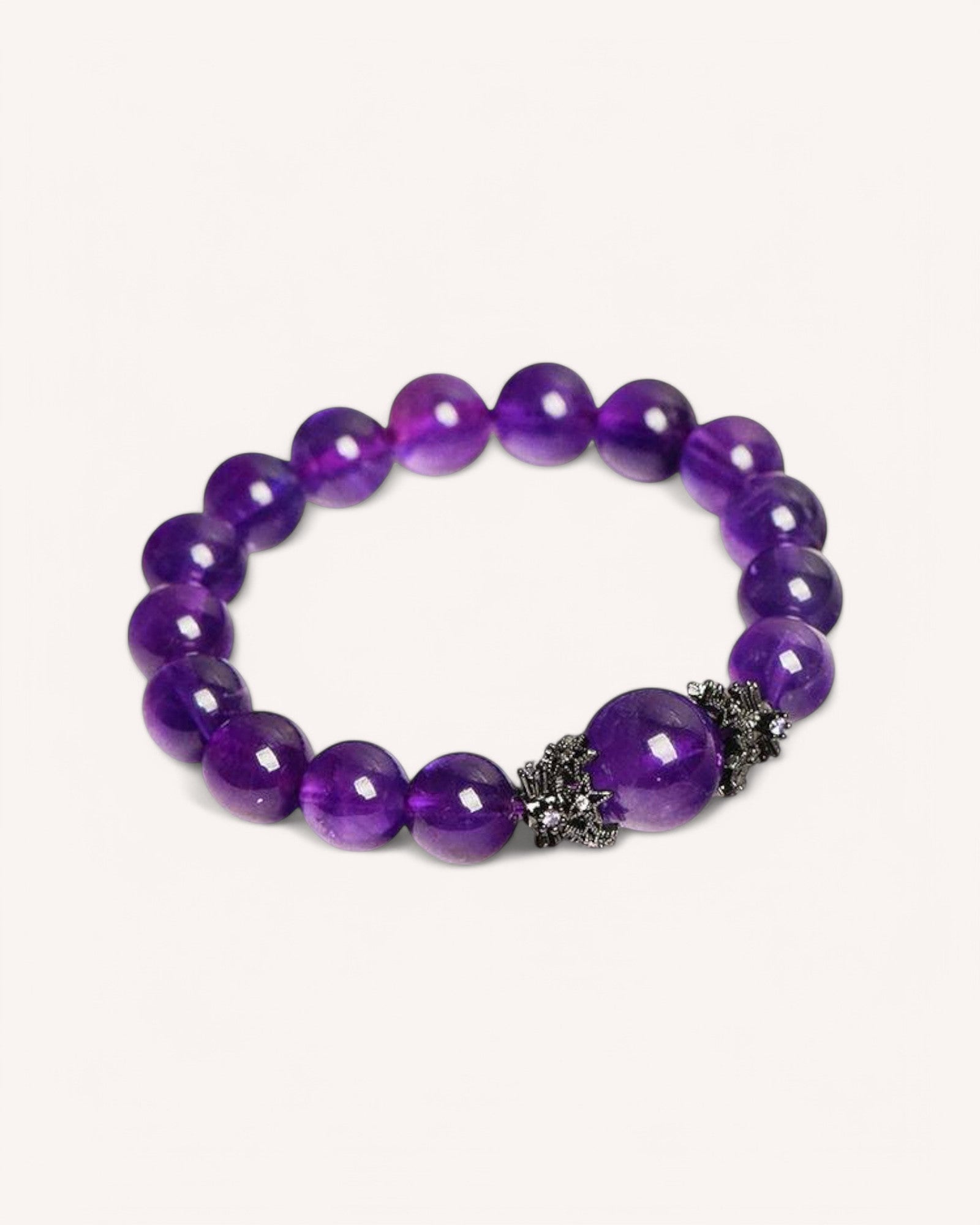 Side view of the Amethyst Strength Bracelet, showcasing premium amethyst beads with a bold centerpiece, ideal for enhancing intuition and inner strength.