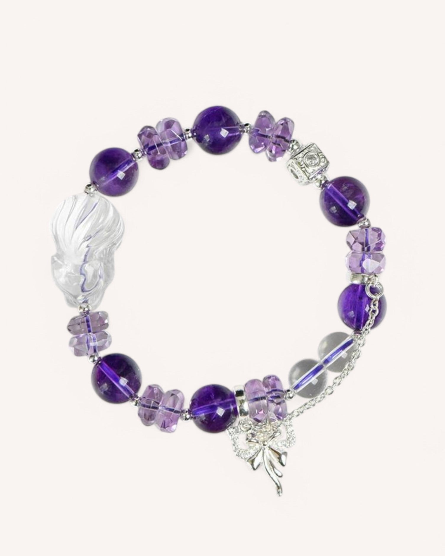 Front view of the Amethyst & White Quartz Guardian Fox Bracelet, featuring deep purple amethyst beads, clear quartz accents, and a nine-tailed fox charm for intuition and spiritual protection.