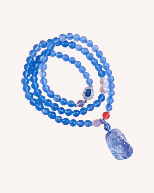 Multilayer bracelet and necklace made with Aquamarine, Lapis Lazuli, South Red Agate, Rose Quartz, and Pearl – promotes emotional healing, intuition, and tranquility.