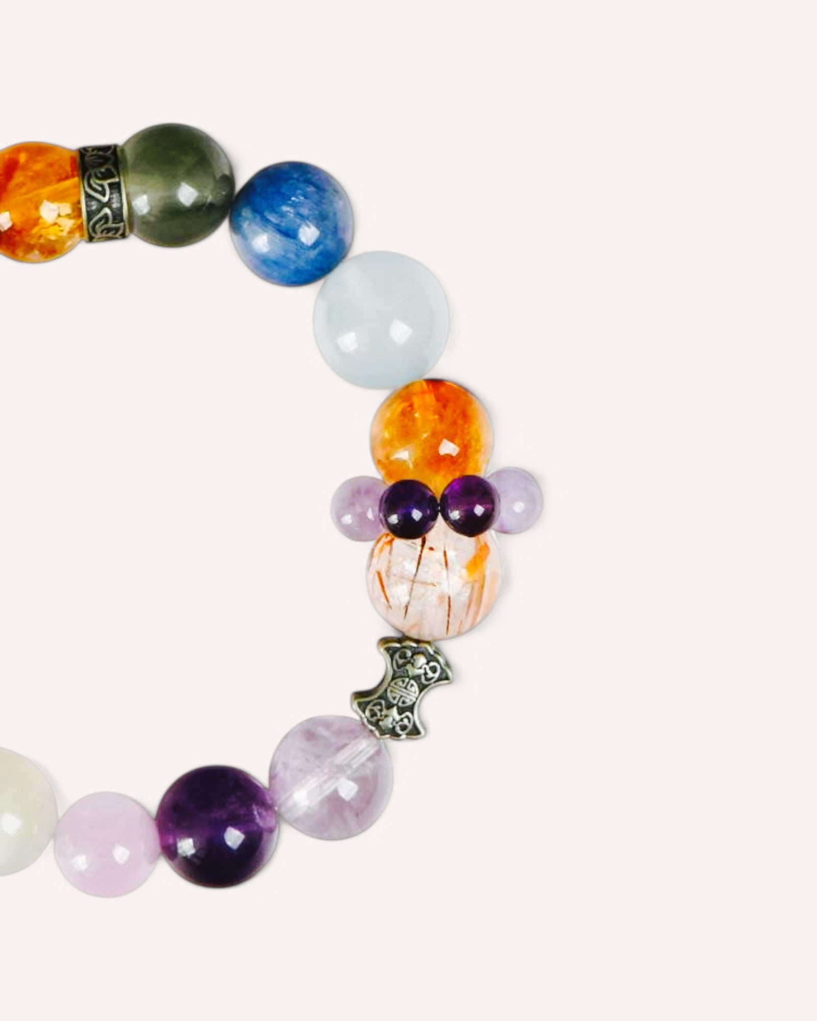 Close-up of multi-treasure crystal bracelet designed to boost energy, intuition and emotional harmony