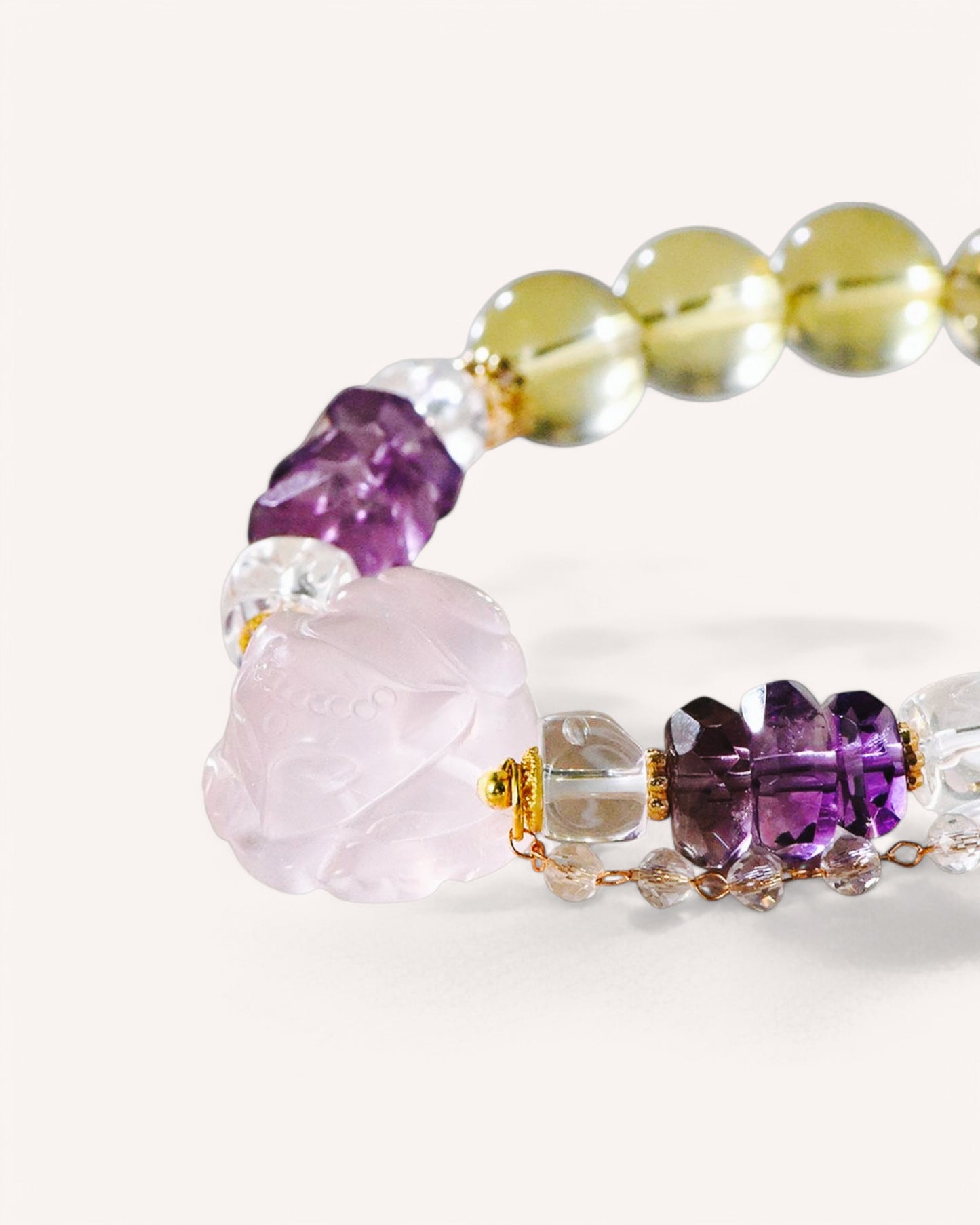 Side view of Citrine, Rose Quartz, and Amethyst Bracelet featuring a Fox Charm – Perfect for emotional healing, confidence, and success.