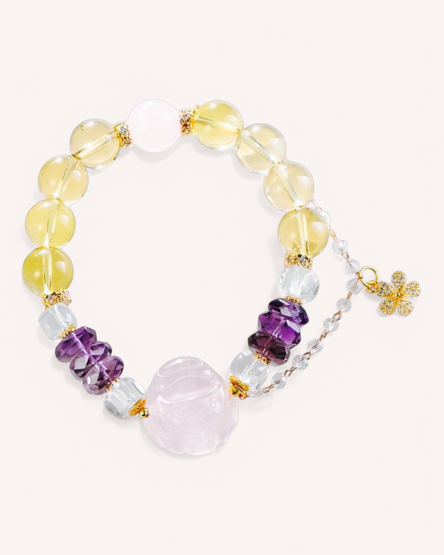 Golden Citrine, soft Rose Quartz, and deep Amethyst Bracelet with a Fox Charm – A high-vibrational jewelry piece for love, wisdom, and manifestation.