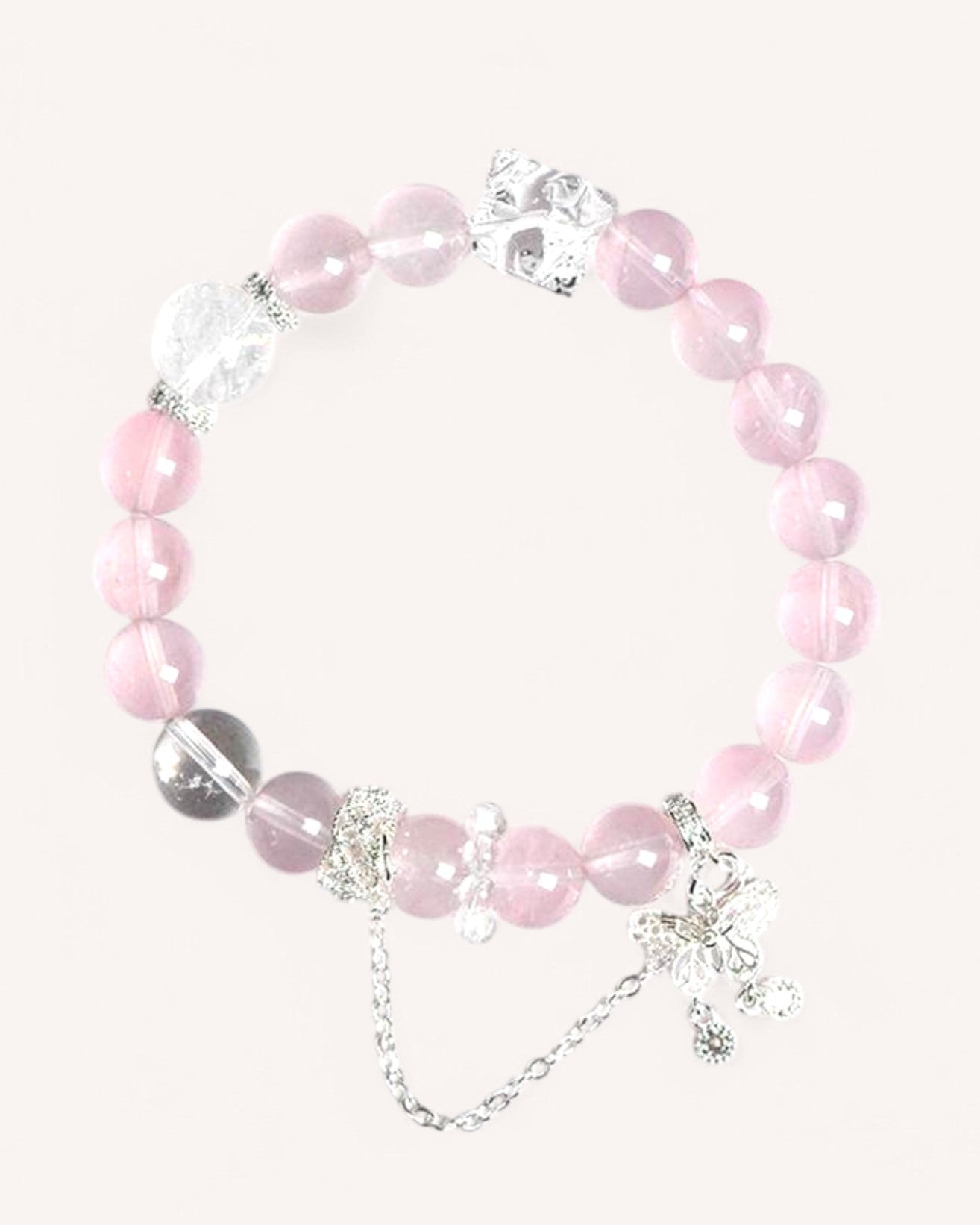 Rose Quartz & White Quartz bracelet for self-love, emotional healing, and feminine energy, featuring an elegant silver charm.