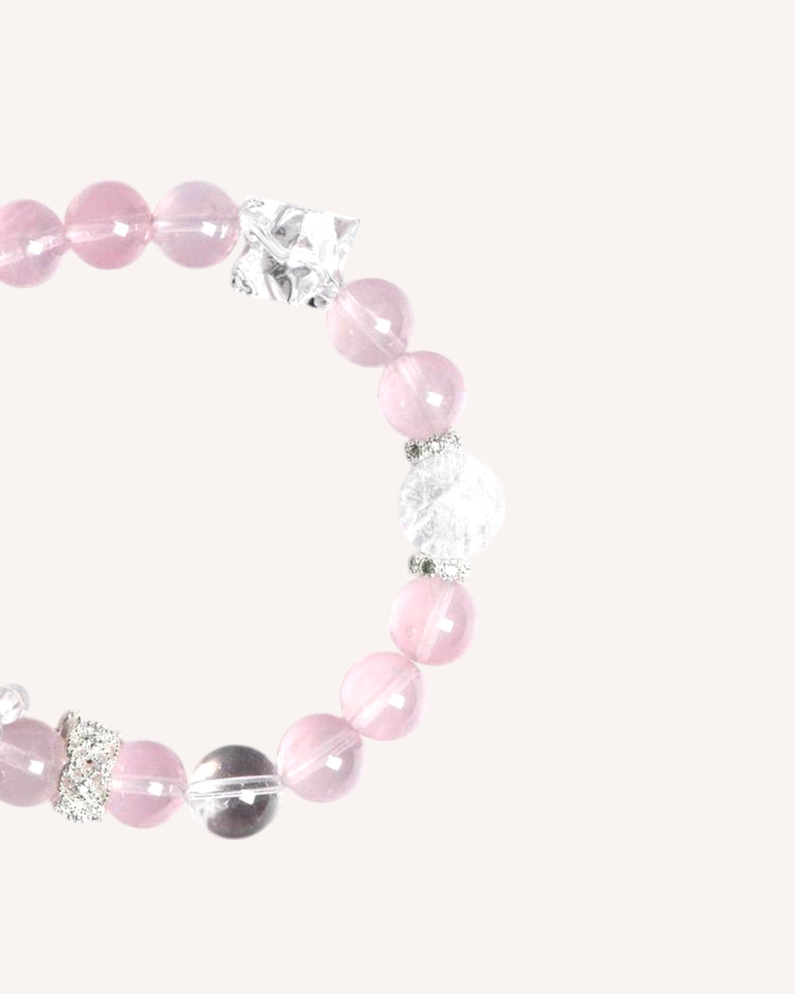Spiritual healing bracelet with Rose Quartz & White Quartz, designed to attract love, balance emotions, and promote inner peace.