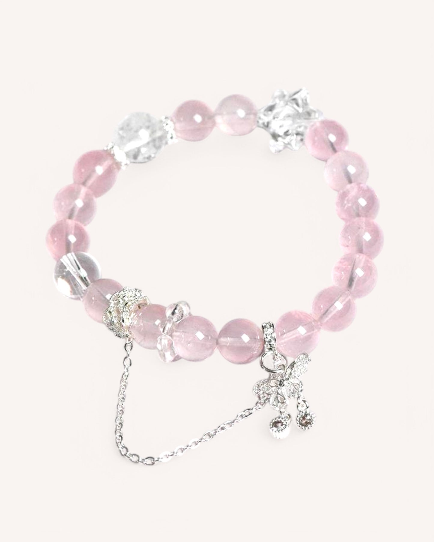 Elegant Rose Quartz bracelet with White Quartz and silver accents, symbolizing emotional clarity, self-care, and divine energy.