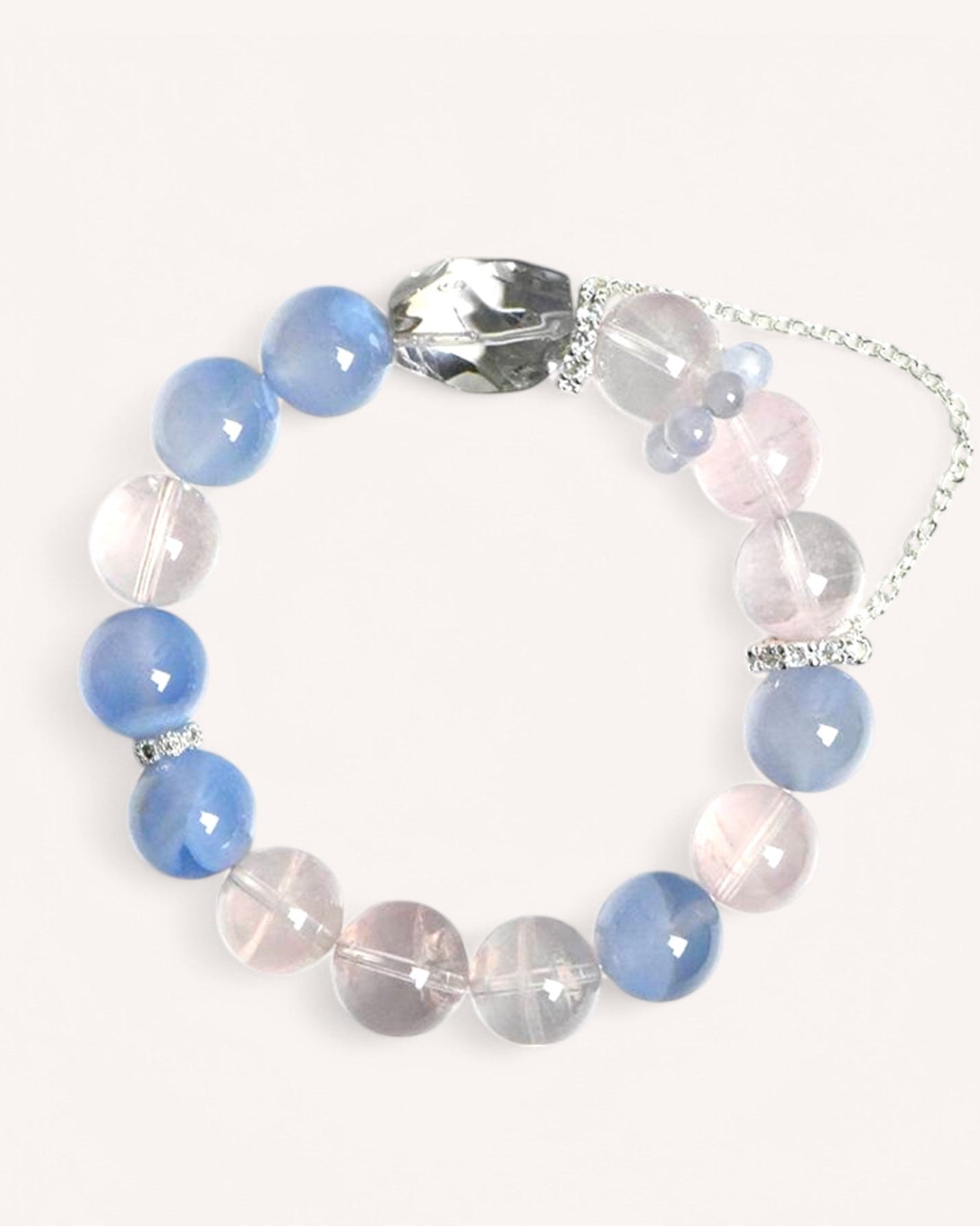 Elegant Blue Lace Agate & Rose Quartz bracelet with White Quartz centerpiece, promoting peace, relaxation, and inner harmony.