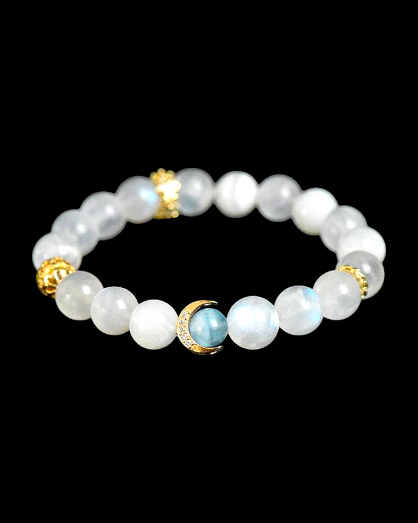 Moonstone and Aquamarine crystal bracelet front view showing healing beads and gold accents for emotional balance